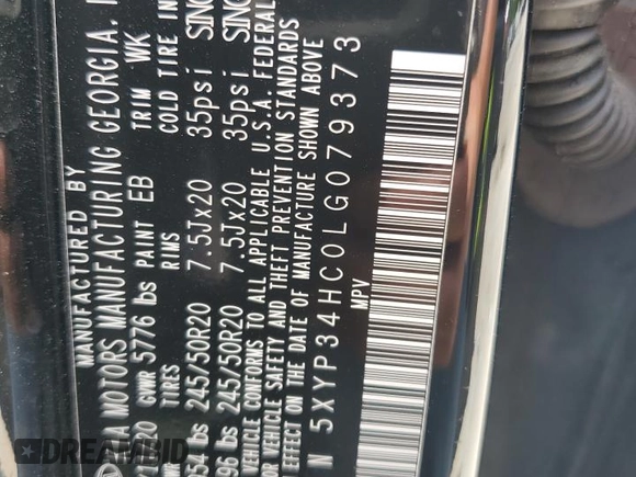 2020 Kia Telluride EX with VIN 5XYP34HC0LG079373, listed as a Copart auction lot 60782085 with 46,453 mi miles and Salvage title. Bid and sale history available at DreamBid. Image 13.