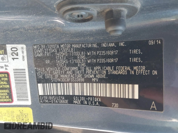 2015 Toyota Sienna XLE with VIN 5TDYK3DC8FS533898, listed as a IAAI auction lot 42630483 with 531,640 mi miles and . Bid and sale history available at DreamBid. Image 9.