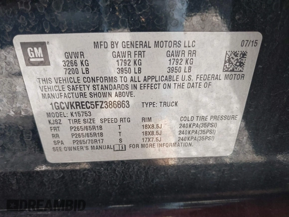 2015 Chevrolet Silverado 1500 LT with VIN 1GCVKREC5FZ386863, listed as a IAAI auction lot 41355767 with 86,363 mi miles. Bid and sale history available at carsss.com. Image 9.