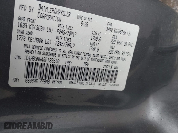 2006 Dodge Durango SXT с VIN 1D4HB38N46F188500, выставлен на аукционе IAAI как лот 42241616 с пробегом 191 846 миль миль и . История ставок и продаж доступна на DreamBid. Изображение 9.