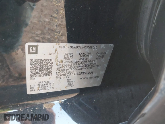 2018 Chevrolet Tahoe LS with VIN 1GNSCAEC6JR272226, listed as a IAAI auction lot 41509221 with Not provided miles and . Bid and sale history available at DreamBid. Image 9.