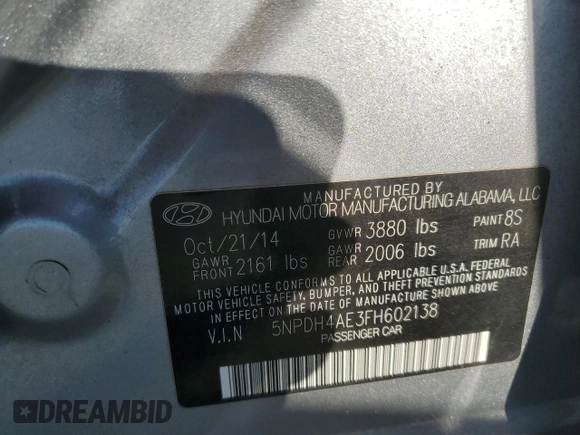 2015 Hyundai Elantra SE with VIN 5NPDH4AE3FH602138, listed as a Copart auction lot 66359925 with 161,687 mi miles and Clean title. Bid and sale history available at DreamBid. Image 12.