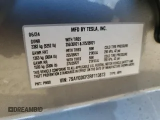 2024 Tesla Model Y Performance with VIN 7SAYGDEF2RF113873, listed as a Copart auction lot 46181915 with 19,625 mi miles and Salvage Title. Bid and sale history available at DreamBid. Image 15.