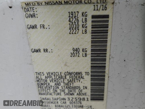 2017 Nissan Altima S z VIN 1N4AL3AP1HN325981, wystawiony jako Copart lot #44838475 z przebiegiem 169 771 mil mil oraz Czysty tytuł • Clean title. Historia ofert i sprzedaży dostępna na DreamBid. Obrazek 12.