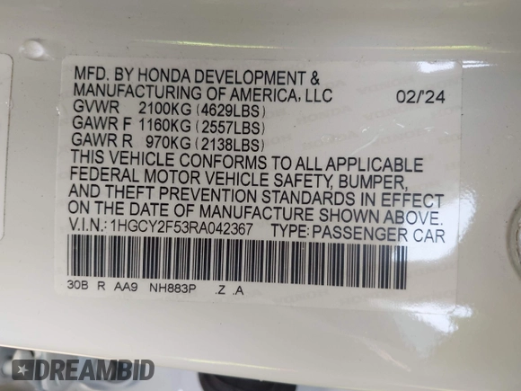 2024 Honda Accord Sport with VIN 1HGCY2F53RA042367, listed as a IAAI auction lot 42234936 with Not provided miles and . Bid and sale history available at DreamBid. Image 9.