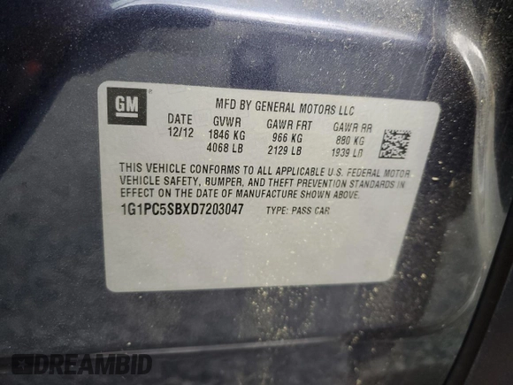 2013 Chevrolet Cruze 1LT with VIN 1G1PC5SBXD7203047, listed as a Copart auction lot 52598515 with 147,948 mi miles and Salvage Title. Bid and sale history available at carsss.com. Image 13.