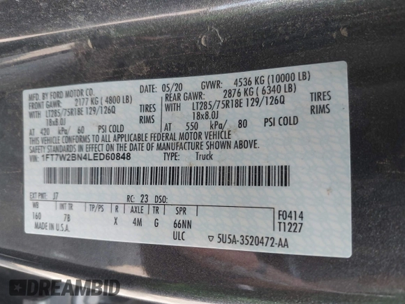 2020 Ford F-250 XL with VIN 1FT7W2BN4LED60848, listed as a IAAI auction lot 42392785 with 122,305 mi miles and . Bid and sale history available at DreamBid. Image 9.