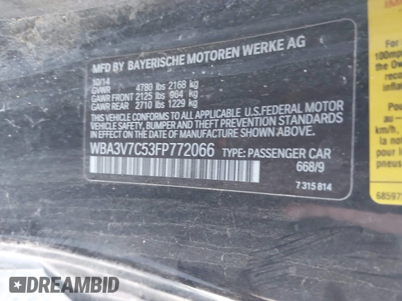 2015 BMW 4 Series 428i z VIN WBA3V7C53FP772066, wystawiony jako IAAI lot #42837150 z przebiegiem Nie podano mil oraz . Historia ofert i sprzedaży dostępna na DreamBid. Obrazek 9.