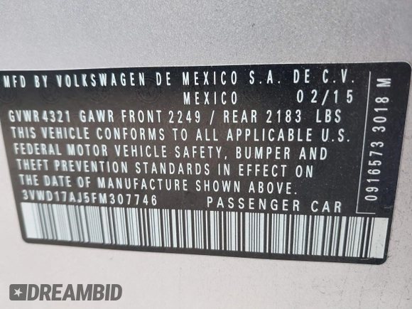 2015 Volkswagen Jetta Sport with VIN 3VWD17AJ5FM307746, listed as a IAAI auction lot 41506413 with 113,297 mi miles and . Bid and sale history available at DreamBid. Image 9.