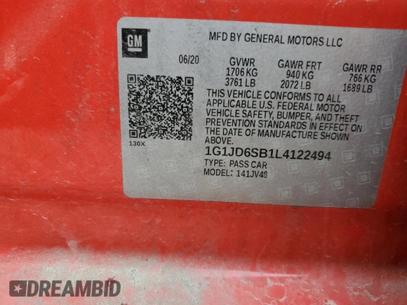 2020 Chevrolet Sonic LT with VIN 1G1JD6SB1L4122494, listed as a Copart auction lot 51142905 with 51,705 mi miles and Salvage title. Bid and sale history available at DreamBid. Image 14.