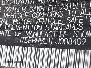 2020 Toyota Corolla Hybrid LE with VIN JTDEBRBE1LJ008409, listed as a IAAI auction lot 41948940 with 102,402 mi miles. Bid and sale history available at carsss.com. Image 9.