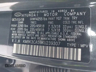 2019 Hyundai Kona Limited with VIN KM8K3CA59KU239307, listed as a IAAI auction lot 41607380 with 42,454 mi miles. Bid and sale history available at carsss.com. Image 9.
