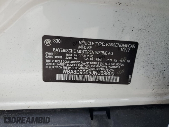 2018 BMW 3 Series 330i xDrive with VIN WBA8D9G59JNU69800, listed as a Copart auction lot 59544345 with 90,645 mi miles and Salvage title. Bid and sale history available at DreamBid. Image 13.