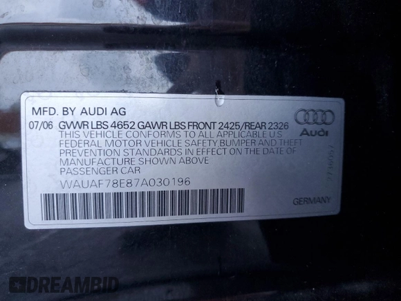 2007 Audi A4 2.0T with VIN WAUAF78E87A030196, listed as a Copart auction lot 78705774 with 164,854 mi miles and Salvage Title. Bid and sale history available at carsss.com. Image 12.