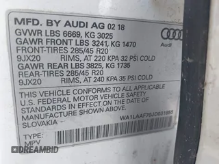 2018 Audi Q7 Premium Plus with VIN WA1LAAF70JD031855, listed as a IAAI auction lot 42267620 with 39,334 mi miles and . Bid and sale history available at DreamBid. Image 9.