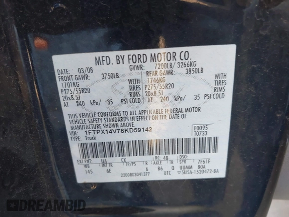 2008 Ford F-150 XLT с VIN 1FTPX14V78KD59142, выставлен на аукционе IAAI как лот 42483402 с пробегом 143 827 миль миль и . История ставок и продаж доступна на DreamBid. Изображение 9.