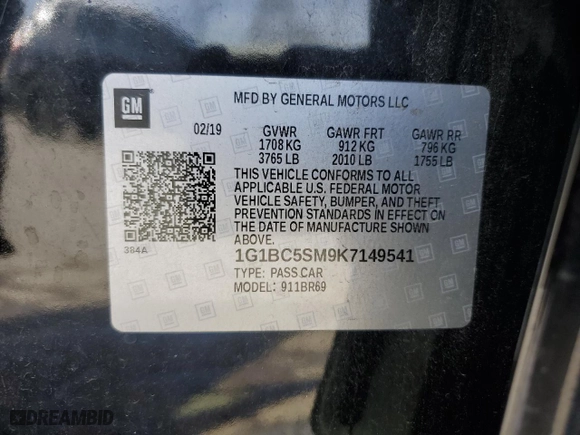 2019 Chevrolet Cruze LS with VIN 1G1BC5SM9K7149541, listed as a Copart auction lot 49993585 with 47,486 mi miles and Salvage Title. Bid and sale history available at carsss.com. Image 13.