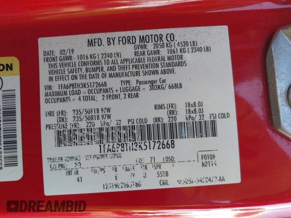 2019 Ford Mustang EcoBoost with VIN 1FA6P8TH3K5172668, listed as a IAAI auction lot 41059758 with 115,224 mi miles and . Bid and sale history available at carsss.com. Image 9.