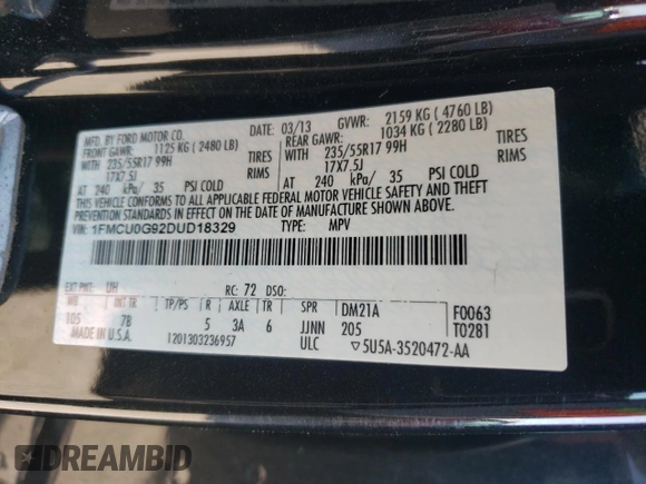 2013 Ford Escape SE with VIN 1FMCU0G92DUD18329, listed as a Copart auction lot 51895985 with 152,066 mi miles and Salvage Title. Bid and sale history available at carsss.com. Image 13.