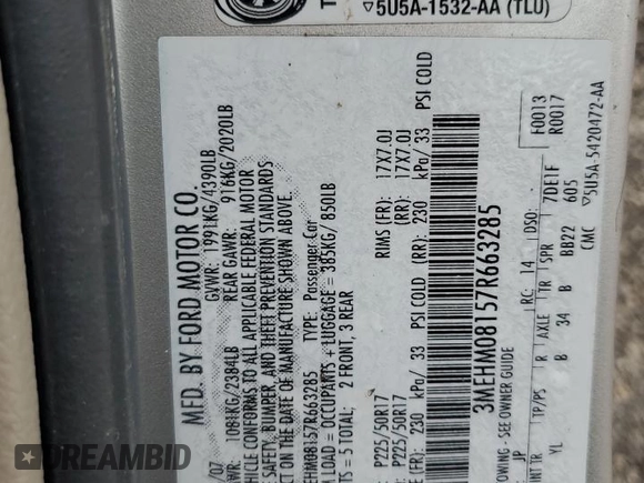 2007 Mercury Milan Premier z VIN 3MEHM08157R663285, wystawiony jako Copart lot #60202075 z przebiegiem Nie podano mil oraz Szkoda całkowita • Salvage title. Historia ofert i sprzedaży dostępna na DreamBid. Obrazek 12.