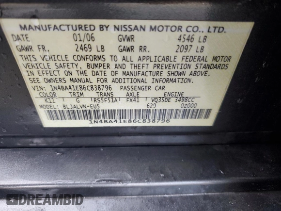 2006 Nissan Maxima 3.5 SE with VIN 1N4BA41E86C838796, listed as a Copart auction lot 44137655 with 148,835 mi miles and Salvage Title. Bid and sale history available at carsss.com. Image 13.