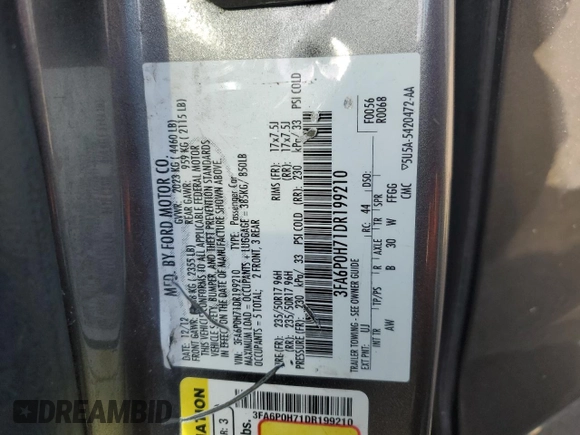 2013 Ford Fusion SE with VIN 3FA6P0H71DR199210, listed as a Copart auction lot 56386135 with 215,901 mi miles and Non repairable. Bid and sale history available at DreamBid. Image 12.
