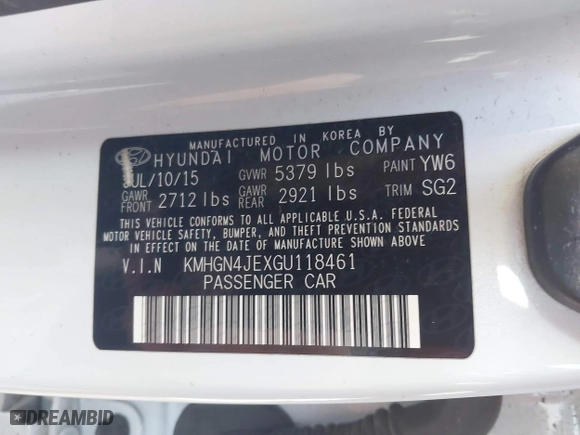 2016 Hyundai Genesis 3.8L with VIN KMHGN4JEXGU118461, listed as a IAAI auction lot 41368607 with 116,967 mi miles. Bid and sale history available at carsss.com. Image 9.
