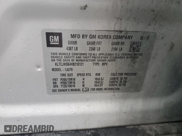 2017 Chevrolet Trax LS with VIN KL7CJNSB4HB210121, listed as a Copart auction lot 53154595 with 51,044 mi miles and Salvage Title. Bid and sale history available at carsss.com. Image 13.