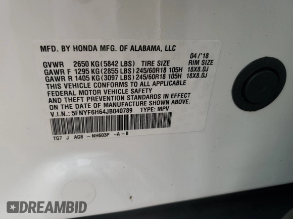 2018 Honda Pilot EX-L with VIN 5FNYF6H64JB040789, listed as a Copart auction lot 85667954 with 84,575 mi miles and Salvage title. Bid and sale history available at DreamBid. Image 13.