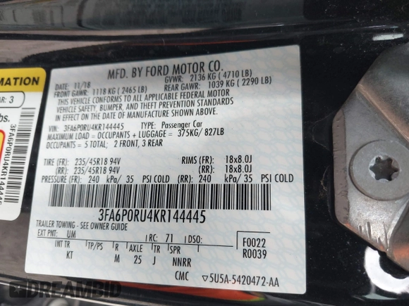 2019 Ford Fusion Hybrid Titanium with VIN 3FA6P0RU4KR144445, listed as a IAAI auction lot 42059840 with 90,617 mi miles. Bid and sale history available at carsss.com. Image 9.