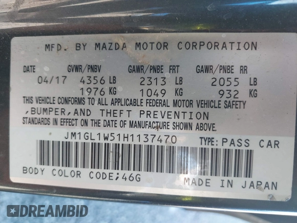 2017 Mazda 6 Grand Touring with VIN JM1GL1W51H1137470, listed as a IAAI auction lot 41872756 with 132,564 mi miles. Bid and sale history available at carsss.com. Image 9.