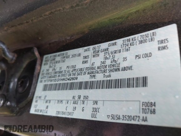 2017 Ford F-150 XL with VIN 1FTFW1EG1HKD42609, listed as a IAAI auction lot 41698693 with 130,402 mi miles and . Bid and sale history available at DreamBid. Image 9.
