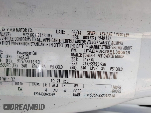 2014 Ford Focus SE with VIN 1FADP3K28EL386918, listed as a IAAI auction lot 42171974 with 118,098 mi miles. Bid and sale history available at carsss.com. Image 9.