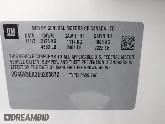 2014 Buick Regal with VIN 2G4GK5EX3E9205672, listed as a IAAI auction lot 42609290 with 54,867 mi miles and . Bid and sale history available at DreamBid. Image 9.