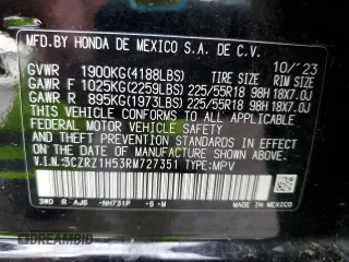 2024 Honda HR-V Sport z VIN 3CZRZ1H53RM727351, wystawiony jako Copart lot #54779855 z przebiegiem 18 855 mil mil oraz Szkoda całkowita • Salvage title. Historia ofert i sprzedaży dostępna na DreamBid. Obrazek 14.