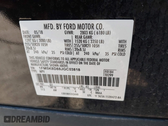 2018 Ford Explorer XLT z VIN 1FM5K8D88JGC03818, wystawiony jako IAAI lot #41449995 z przebiegiem 126 000 mil mil oraz . Historia ofert i sprzedaży dostępna na DreamBid. Obrazek 9.