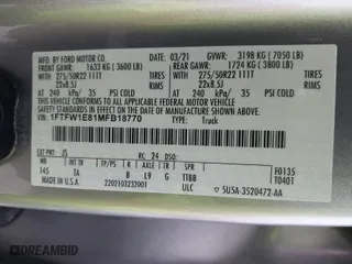 2021 Ford F-150 XL with VIN 1FTFW1E81MFB18770, listed as a IAAI auction lot 41114977 with 1 mi miles. Bid and sale history available at carsss.com. Image 9.