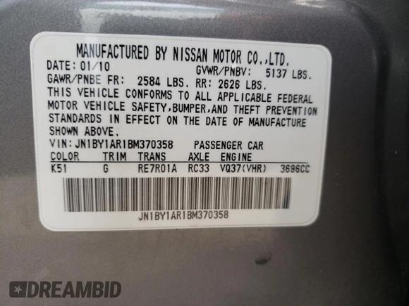 2011 Infiniti M37 with VIN JN1BY1AR1BM370358, listed as a Copart auction lot 54007994 with 0 mi miles and Salvage Title. Bid and sale history available at carsss.com. Image 13.