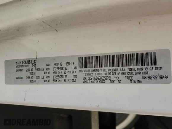 2017 Ram ProMaster Cargo with VIN 3C6TRVDG9HE550721, listed as a Copart auction lot 53695575 with 100,559 mi miles and Salvage Title. Bid and sale history available at carsss.com. Image 13.
