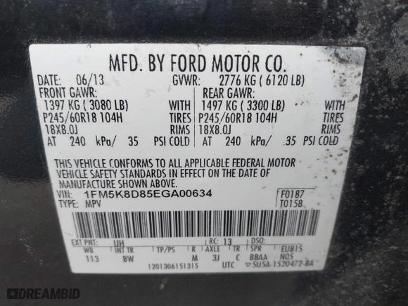 2014 Ford Explorer XLT with VIN 1FM5K8D85EGA00634, listed as a IAAI auction lot 41625396 with 190,926 mi miles. Bid and sale history available at carsss.com. Image 9.