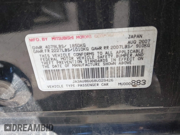 2008 Mitsubishi Lancer GTS z VIN JA3AU86U68U029426, wystawiony jako IAAI lot #41747832 z przebiegiem 183 830 mil mil oraz . Historia ofert i sprzedaży dostępna na DreamBid. Obrazek 9.