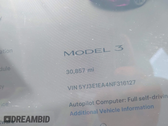 2022 Tesla Model 3 with VIN 5YJ3E1EA4NF316127, listed as a IAAI auction lot 41939191 with 30,857 mi miles. Bid and sale history available at carsss.com. Image 7.