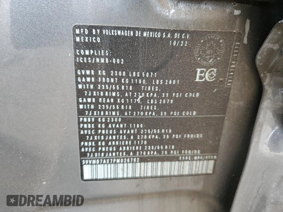 2023 Volkswagen Tiguan SE with VIN 3VVMB7AX7PM026782, listed as a Copart auction lot 53073905 with Not provided miles and Non repairable. Bid and sale history available at DreamBid. Image 13.