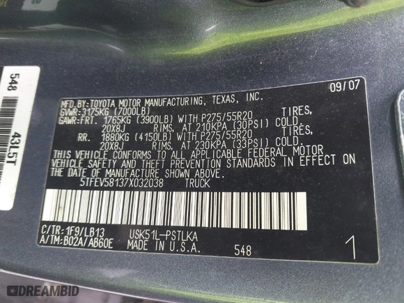 2007 Toyota Tundra LTD with VIN 5TFEV58137X032038, listed as a IAAI auction lot 41788992 with 120,600 mi miles. Bid and sale history available at carsss.com. Image 9.