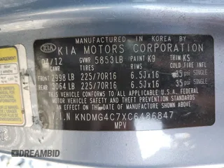 2012 Kia Sedona LX with VIN KNDMG4C7XC6486847, listed as a Copart auction lot 54514335 with 174,371 mi miles and Salvage Title. Bid and sale history available at carsss.com. Image 13.