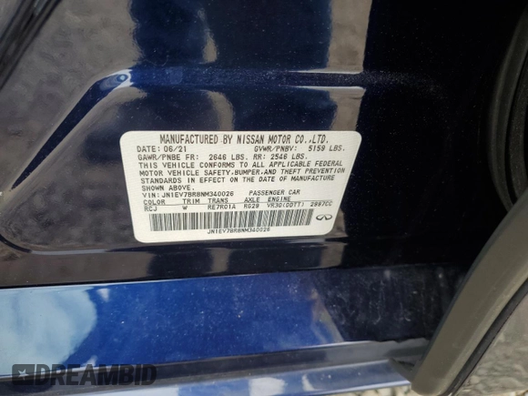 2022 Infiniti Q50 Luxe with VIN JN1EV7BR8NM340026, listed as a Copart auction lot 54059805 with 37,977 mi miles and Salvage title. Bid and sale history available at DreamBid. Image 12.