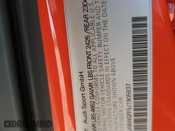 2018 Audi RS 3 z VIN WUABWGFF9J1905637, wystawiony jako Copart lot #52708554 z przebiegiem 40 664 mil mil oraz . Historia ofert i sprzedaży dostępna na DreamBid. Obrazek 14.
