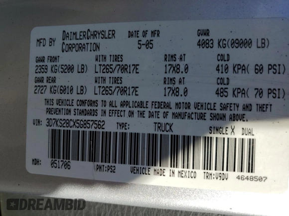 2005 Dodge 2500 SLT z VIN 3D7KS28CX5G857562, wystawiony jako Copart lot #87027064 z przebiegiem 330 581 mil mil oraz Szkoda całkowita • Salvage title. Historia ofert i sprzedaży dostępna na DreamBid. Obrazek 12.