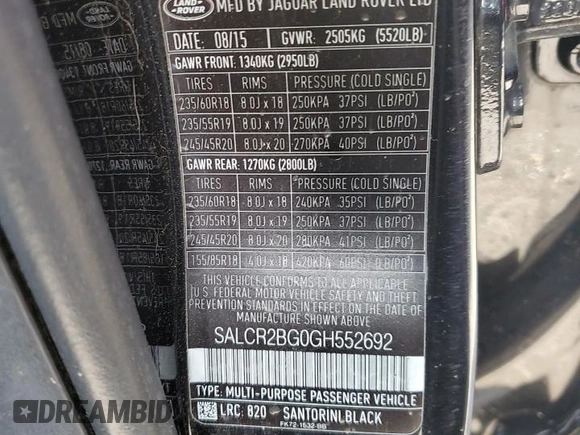 2016 Land Rover Discovery Sport HSE z VIN SALCR2BG0GH552692, wystawiony jako Copart lot #84297364 z przebiegiem 102 280 mil mil oraz Nie do naprawy • Non repairable. Historia ofert i sprzedaży dostępna na DreamBid. Obrazek 13.