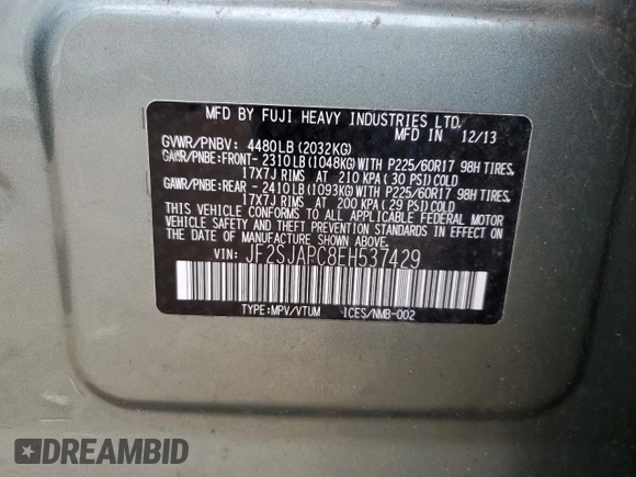 2014 Subaru Forester 2.5i Touring with VIN JF2SJAPC8EH537429, listed as a Copart auction lot 54312245 with 126,446 mi miles and Salvage Title. Bid and sale history available at carsss.com. Image 13.